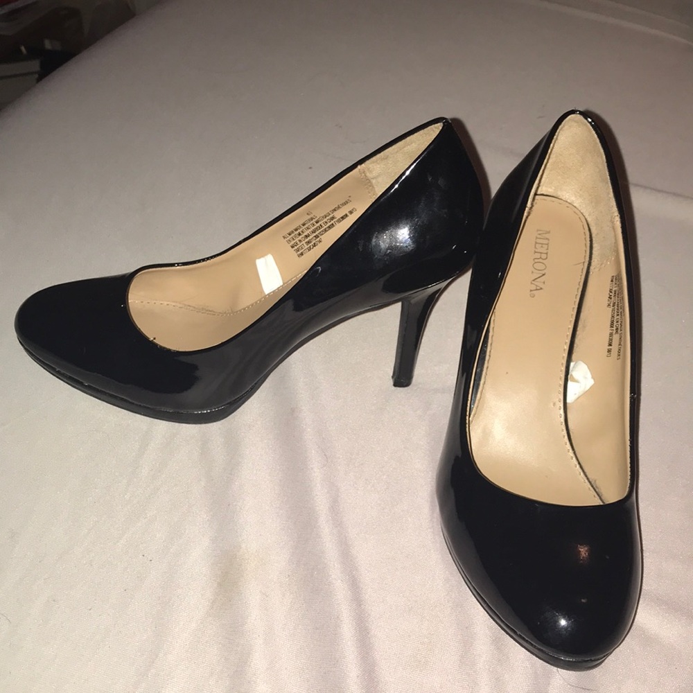 Black patten leather, round toed heels